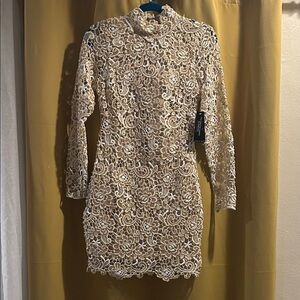VENUS Lace Long Sleeve Dress in Cream and Gold with Expose back. Nude liner